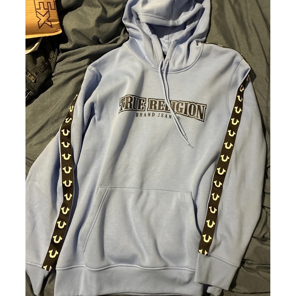 True Religion Boxy Print Pullover Hoodie Cornflower Blue with Logo Sleeve Men's
